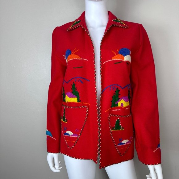 Vintage 1940s/50s Red Embroidered Mexican Tourist Jacket, Size Small